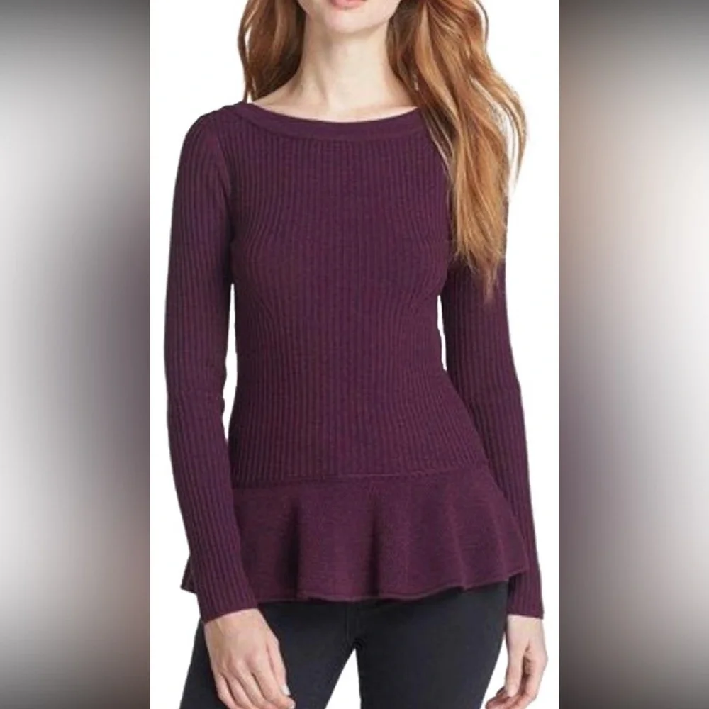 EUC Tory Burch Ramona Merino Peplum Sweater, Plum color, boat neck, size M
